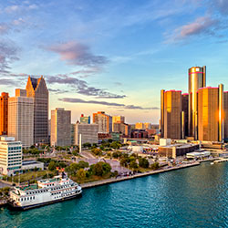 michigan skyline with river and ferry