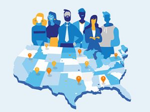 US map graphic with six people