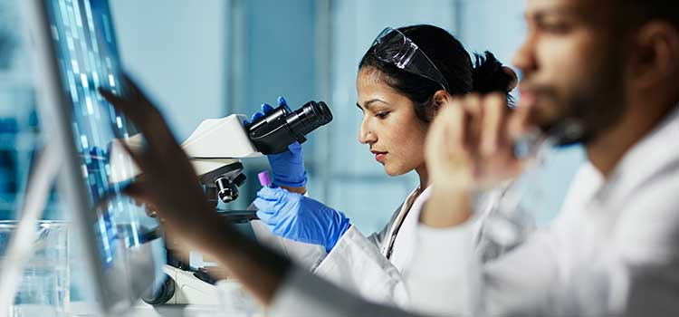 two students examining specimens in lab