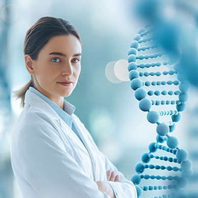 genetic counselor stands in front of dna strand