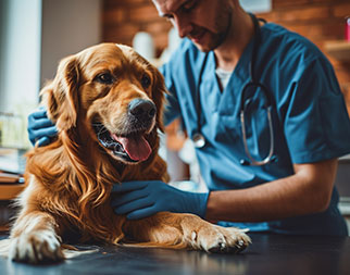 veterinary technician palpates dog for lumps