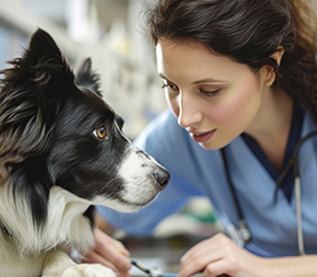 vet tech prepares to trim dogs fur to look at foot