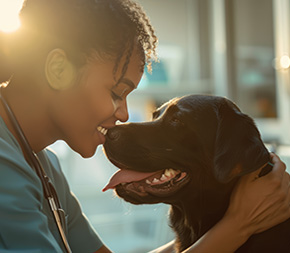 vet tech gives labrador patient a kiss on nose