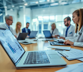 healthcare administrators meeting with laptop open and focused on project management