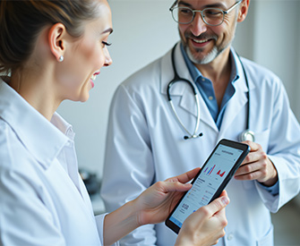 healthcare administrator and physician confer over financials on tablet