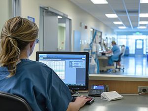 a medical coder works at a computer in a hospital wing