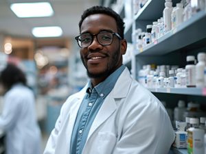 pharmacy technician stands in front of medication stocked shelves
