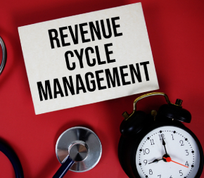 picture of stethoscope, alarm clock, and card with text on it reading revenue cycle management